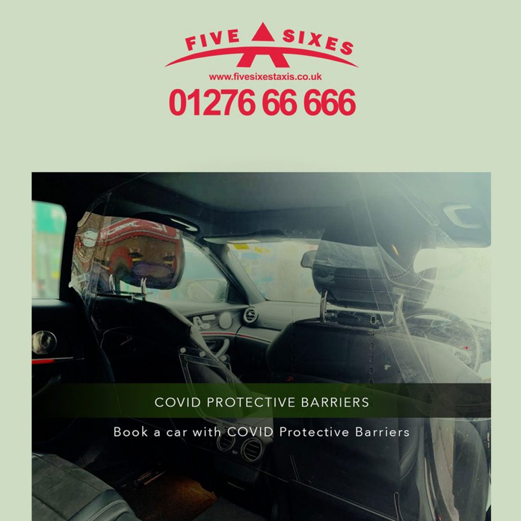 Interior of taxi vehicle with COVID19 plastic protective barrier showing Five Sixes Taxis 01276 66666